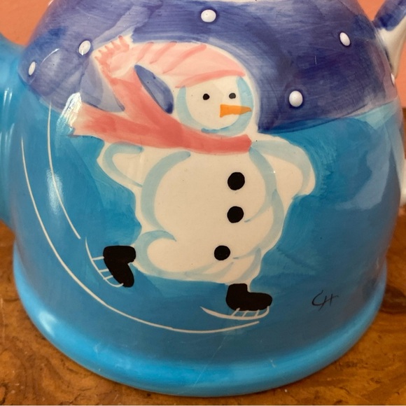 2002  Le Gourmet Chef Hand Painted Ice Skating Snowman Teapot - Picture 3 of 16